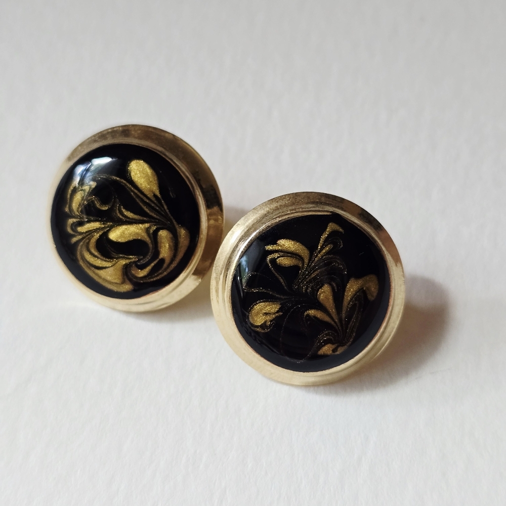 Gold and Black Round Earrings